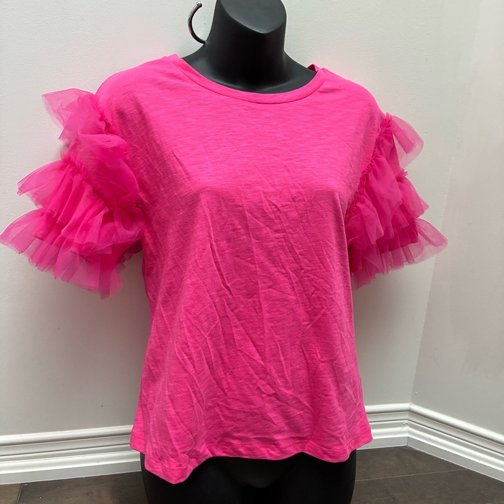 Anthropologie NWT Fuchsia Ruffle Sleeve Tee